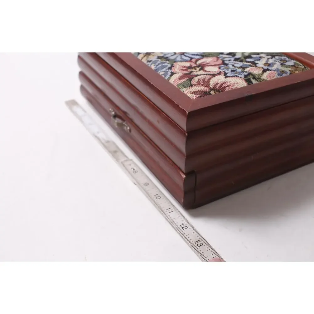 1990s Floral Vintage Wooden Jewelry Box with Drawer and Hangers and Tapestry To